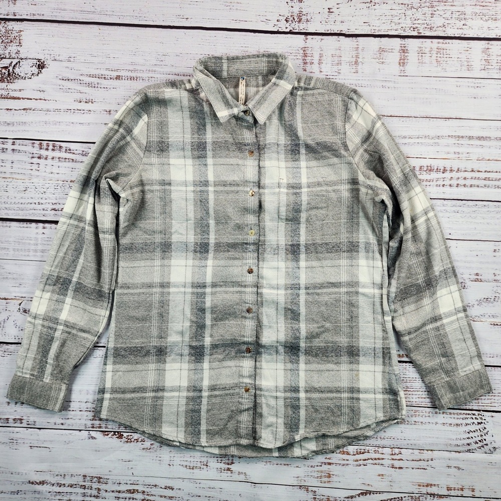 KUHL Kamila‎ Flannel Shirt Womens Medium Gray White Plaid Button Up 8377